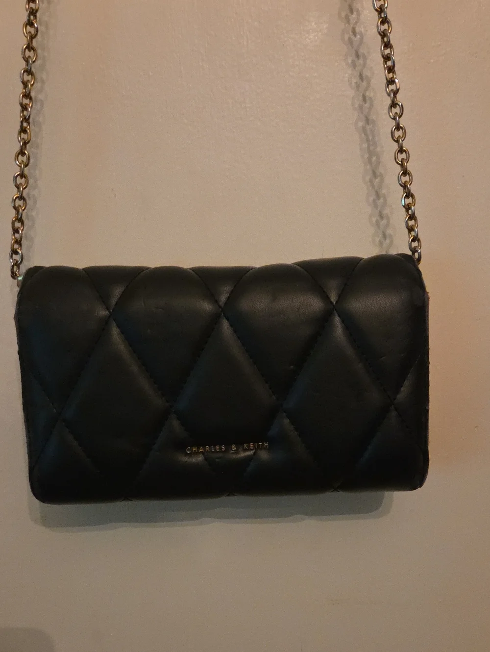 Charles & Keith Black Quilted Crossbody with Gold Chain